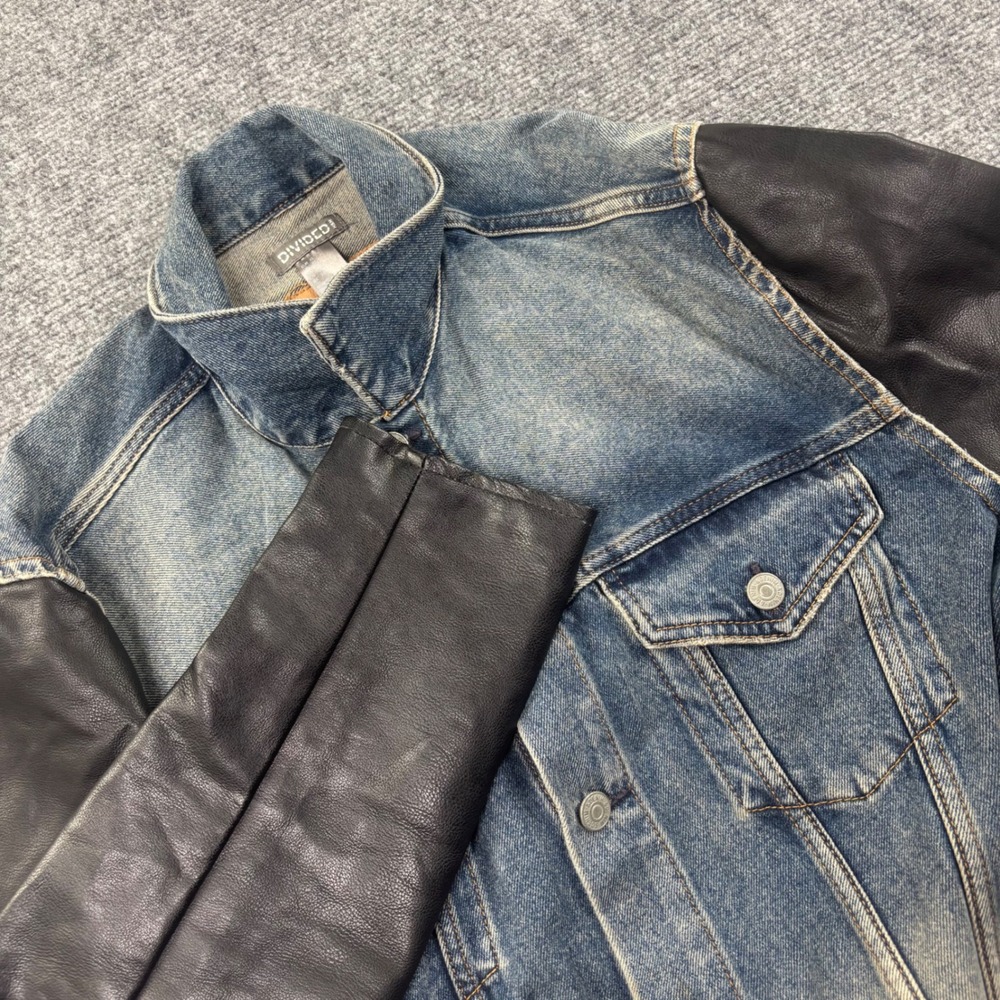 H&M Divided Denim Jacket‎ XL Blue Black Faux Leather Sleeve Trucker Mens